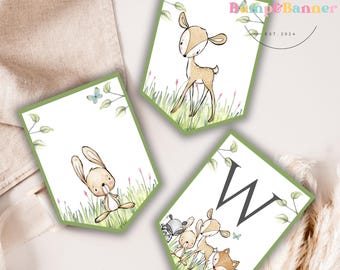 May include: A woodland themed baby shower banner with green pennants featuring a deer, a bunny, a letter W, and a group of woodland animals. The banner includes the text "Bump & Banner" and "Est. 2024".