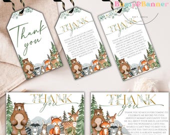 Etiqueta de agradecimiento para baby shower con temática de bosque, editable, con temática de género neutro, animales del bosque, ciervos, zorros, invitación para baby shower WB1104