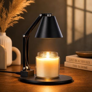 May include: A black candle warmer with an adjustable arm and a conical shade, illuminating a lit candle in a glass jar. The warmer sits on a round base, with a power cord extending from it. The background includes decorative items.