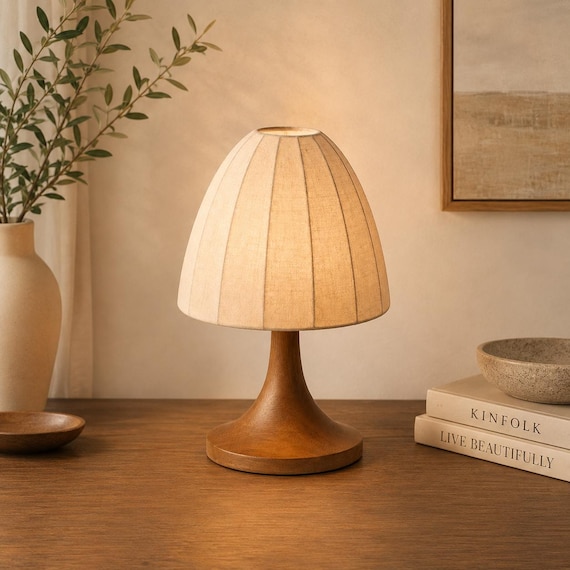 Wood Table Lamp Modern Bedside Lamp Brown Desk Lamp Dome Shade Nightstand Lamp Rustic Minimalist Home Decor