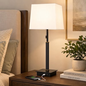 USB Table Lamp Modern Black Bedside Lamp Square Base Desk Lamp Bedroom Nightstand Lamp with Fabric Shade