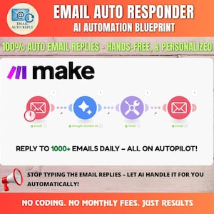 May include: An advertisement for an email auto responder service. The image features the text "EMAIL AUTO RESPONDER AI AUTOMATION BLUEPRINT" and "100% AUTO EMAIL REPLIES - HANDS-FREE, & PERSONALIZED". The image also includes the "make" logo and a diagram of the process.