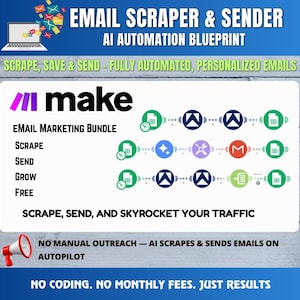 May include: An advertisement for an email marketing bundle. The image features the "make" logo, along with the text "EMAIL SCRAPER & SENDER" and "AI AUTOMATION BLUEPRINT." The ad highlights features like scraping, sending, and growing email lists.