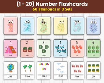 Tarjetas didácticas de números (1-20) – Aprendizaje preescolar y para niños pequeños, material Montessori, actividad para jardín de infancia, descarga instantánea, imprimible