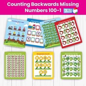 May include: Six printable worksheets for kids to practice counting backwards from 100 to 1. The worksheets feature colorful illustrations of trains, apples, sunflowers, and leaves.