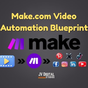May include: Image featuring the text "Make.com Video Automation Blueprint" in yellow and blue. The word "make" is in large black letters. Social media icons for Pinterest, X, TikTok, Facebook, Instagram, LinkedIn, and YouTube are also present.