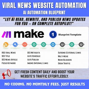 以下が含まれることがあります： ウェブサイト自動化のプロモーション画像。画像には「make」の文字と、SEOメタデータや自動公開などの機能を説明する一連のアイコンとテキストが表示されています。テキストには「毎日新鮮なコンテンツを入手し、ウェブサイトへのトラフィックを楽に増やしましょう」と書かれています。