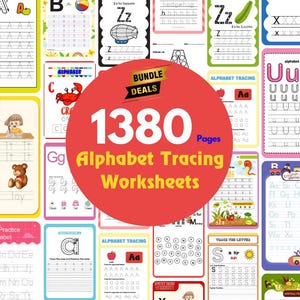 Pode incluir: Um pacote de 1380 folhas de trabalho de traçado de alfabeto para crianças. As folhas de trabalho apresentam ilustrações coloridas e uma variedade de atividades de traçado. O pacote inclui páginas para cada letra do alfabeto.