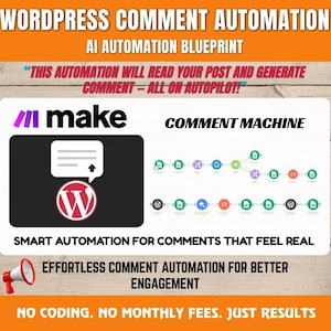 Könnte beinhalten: Werbegrafik für die WordPress-Kommentarautomatisierung. Der Text in Orange und Weiß lautet "WordPress Comment Automation" und "AI Automation Blueprint". Es zeigt das Make-Logo, ein WordPress-Logo und ein Diagramm der Kommentar-Maschine.