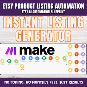 Puede incluir: Un anuncio de automatización de listados de productos de Etsy. La imagen presenta el texto "ETSY PRODUCT LISTING AUTOMATION" y "INSTANT LISTING GENERATOR". La palabra "make" está en el centro, con un diagrama de iconos conectados. El texto "NO CODING. NO MONTHLY FEES. JUST RESULTS" está en la parte inferior.