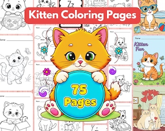 子供向けのかわいい子猫の塗り絵75枚｜印刷可能な猫の塗り絵PDF｜カラーガイド付きの愛らしい子猫たち｜大人も子供も楽しめる