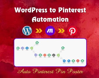 May include: A graphic with the text "WordPress to Pinterest Automation" and "Auto Pinterest Pin Poster" on a red background. The image includes the WordPress, Zapier, and Pinterest logos, connected by arrows, and a workflow diagram.