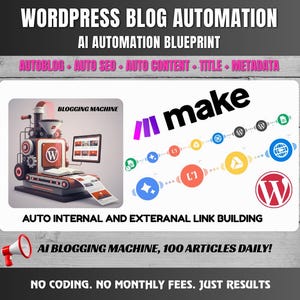 Puede incluir: Un anuncio de automatización de blogs de WordPress. La imagen presenta una máquina de blogs estilizada, la palabra «make» con iconos coloridos y el logotipo de WordPress. El texto incluye «AI Automation Blueprint» y «Auto Internal and External Link Building».