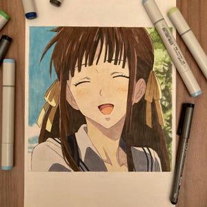Cesto di frutta Toru Honda ragazza bella carina Disegno Dipinto Pennarello Copic Anime Fatto a mano raro Giappone Arte murale A4 Arte originale artista