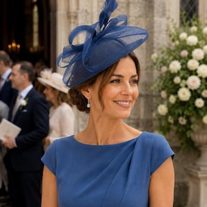 Può includere: Un fascinator blu profondo caratterizzato da anelli in rete trasparente sovrapposti e un dettaglio centrale in piuma. Il copricapo è indossato con un abito blu coordinato a maniche corte con un sottile dettaglio plissettato diagonale.