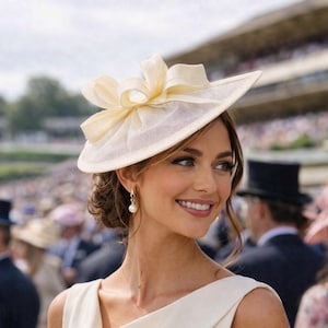 May include: A cream-coloured fascinator hat featuring a wide, angled brim and a large, structured bow detail on the top. The hat is crafted from a fine, woven mesh material and is worn at a slight tilt, creating a sophisticated and formal appearance.