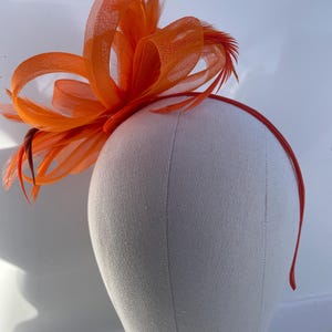 アスコット・ファシネーターの花と羽根、メッシュの渦巻き模様。結婚式やレースなどにぴったりです。