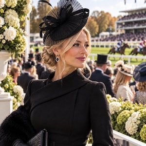 May include: A black fascinator hat featuring a pleated circular base with a central bow and feather accents. The headpiece is worn with a black long-sleeved coat, black leather gloves, and a black clutch, complemented by dark oval drop earrings.