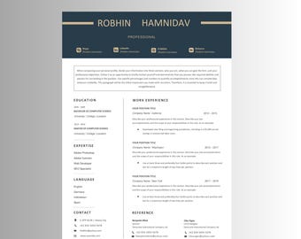 May include: A black and white resume template with a gold accent. The resume is for Robhin Hamnidav, a professional with experience in computer science, web development, and SEO. The resume includes sections for education, work experience, expertise, language, contact, and references.