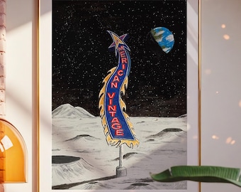 American Vintage, 2024 - Home Decor Art Print - Retro - Americana - Moon - Apollo - Space - Sci-Fi - Neon Sign
