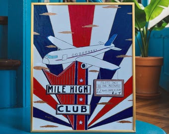 Mile High Club, 2024 - Home Decor Art Print - Americana - Retro - Pilot - Plane - Lounge - Neon Sign