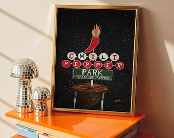 Chili Pepper Park, 2025 - Home Decor Art Print - Retro - Americana - Baseball - Sci-Fi - Futuristic - Neon Sign - Pop Art