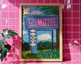 Pink Motel, 2022 - Home Decor Art Print - Retro - Americana - Pink - Hollywood - Neon Sign