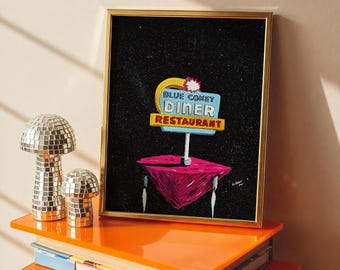Blue Plate Special, 2025 - Home Decor Art Print - Retro - Americana - Retrofuturism - Sci-Fi - Futuristic - Neon Sign - Pop Art - Diner