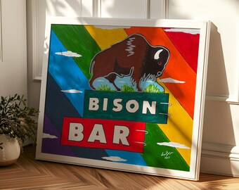 Rainbow Bison, 2023 - Home Decor Art Print - Pride - Retro - Americana - Buffalo -Neon Sign