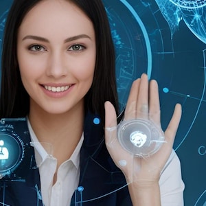 Könnte beinhalten: Eine Frau hält zwei leuchtende Kreise in ihren Händen. Die Kreise sind transparent und zeigen eine menschliche Figur und ein Gehirn. Der Text "Ai Unleashed: How Artificial Intelligence is Reshaping Work, Life, and Society" befindet sich unter der Frau.