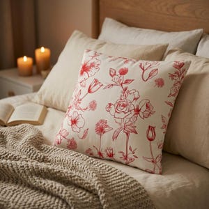 Könnte beinhalten: Ein quadratisches Dekokissen mit einem cremefarbenen Stoffbezug und einem detaillierten, roten Linienmuster mit Blumenmotiven. Das Design zeigt verschiedene botanische Illustrationen, darunter Rosen, Tulpen und andere Blüten auf der Oberfläche.
