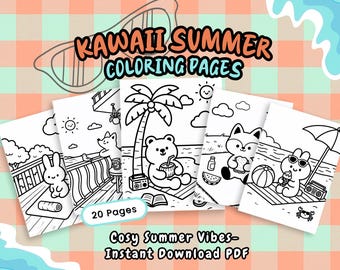 Kawaii Summer Animal Coloring Pages for Kids (Digital Download)