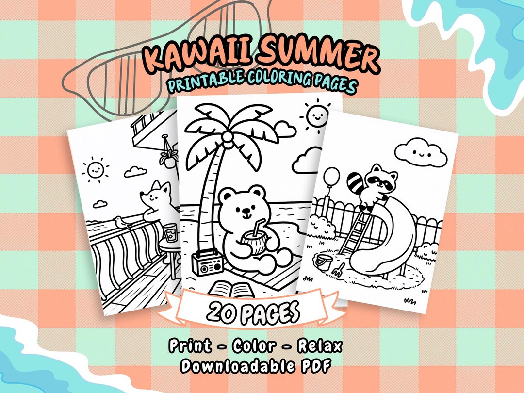 Kawaii Summer Animals Coloring Pages, Kids Printable Book (PDF) - Etsy ...