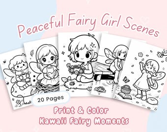 May include: A collection of five coloring pages featuring adorable fairy girls in various scenes. The pages are black and white line drawings with the text "Peaceful Fairy Girl Scenes", "20 Pages", "Print & Color", and "Kawaii Fairy Moments".