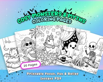 May include: A collection of black and white coloring pages featuring mythical creatures and monsters. The pages include a dragon, mermaid, unicorn, ghost, and skeleton. Text reads "Cosy Monsters & Myths Coloring Pages", "20 Pages", and "Printable Focus, Fun & Relief Instant PDF".