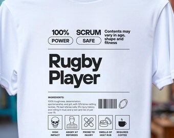 Rugby Nutrition Label T-Shirt | Funny Rugby League Tee | Rugby Facts Shirt | Black or White Unisex Rugby Top | Player Gift
