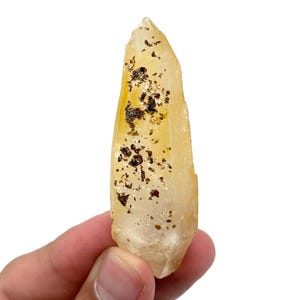 May include: A clear, elongated quartz crystal with a pale yellow hue and dark brown inclusions. The crystal is held in a hand against a white background. The crystal has a pointed tip and a rough texture.