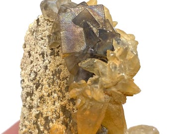 Regenboog fantoomfluoriet met calciet, Pakistaans mineraalmonster (48 gram, 59 x 28 x 14 mm)