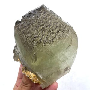 Puede incluir: Un gran espécimen de cristal de fluorita verde pálido y translúcido con una forma cúbica distintiva. La superficie superior presenta un patrón de inclusión oscuro, texturizado y similar al musgo, mientras que la base muestra una matriz mineral rugosa de color marrón amarillento.