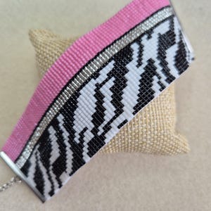Women&#39;s cuff bracelet in Miyuki delica beads Pink zebra Handmade on a loom.