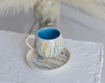 Ceramic Grass Cup   – Handmade Pottery Mug with Saucer, Nature Inspired Tableware