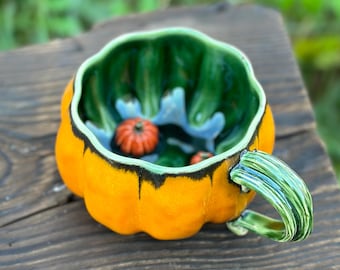 Ceramic Pumpkin in Pumpkin Cup – Handmade Autumn Mug, Unique Pottery Gift