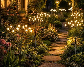 Può includere: Diverse luci solari da giardino con sottili steli in metallo e lampadine sferiche luminose disposte a grappolo, simili a lucciole. Questi apparecchi per esterni sono posizionati lungo un sentiero in pietra circondato da piante e fiori.