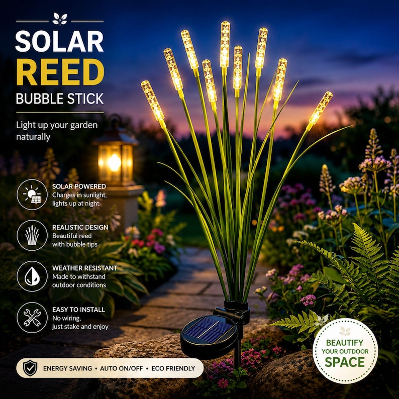 Pu&ograve; includere: Una lampada solare da giardino con molteplici steli verdi simili a canne, sormontati da punte illuminate con texture a bolle. La base include un pannello solare quadrato. Il testo recita: SOLAR REED BUBBLE STICK, Light up your garden naturally, SOLAR POWERED, REALISTIC DESIGN, WEATHER RESISTANT, EASY TO INSTALL, ENERGY SAVING, AUTO ON/OFF, ECO FRIENDLY, BEAUTIFY YOUR OUTDOOR SPACE.