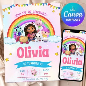 Szablon zaproszenia na przyjęcie urodzinowe Gabbys Dollhouse, drukowane zaproszenia na przyjęcie urodzinowe, cyfrowe zaproszenie na przyjęcie urodzinowe, natychmiastowe pobranie