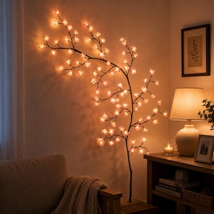 May include: A tall, floor-standing decorative tree lamp with dark, slender branches adorned with numerous small, glowing pink flower-shaped lights that emit a warm, soft illumination against the wall in a dimly lit room.