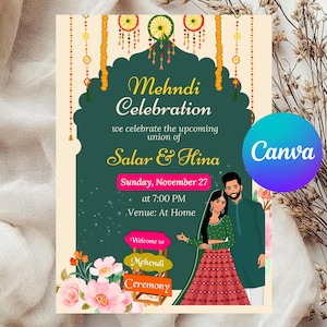 Editable Colorful Mehndi Invitation Template, Mehndi Sangeet Henna Haldi Dholki Mayoun Invite , Editable Canva Template, Digital Download