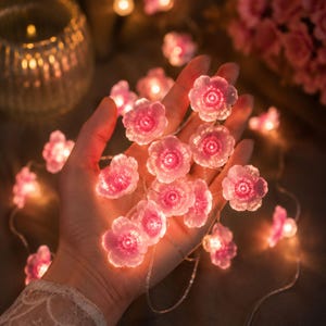 Cherry Blossom Fairy String Lights | Pink Flower Copper Wire Garland | Battery Powered Wedding Decor | Bedroom Christmas Gift