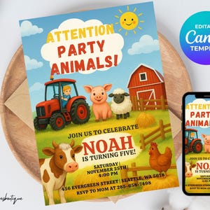 Inbjudan till bondgårdsfest, inbjudningar till bondgårdsdjursfest, inbjudan till barnfödelsedag med ladugårdsdjur och ranch, redigerbar inbjudan 5x7 canvas
