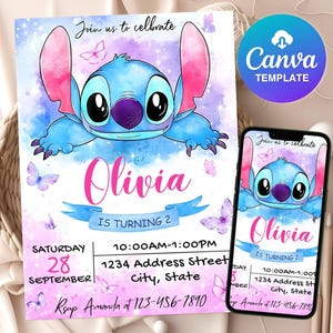 Stitch Birthday Invitation Editable Template, Canva Editable Birthday Invitation, Stitch Birthday Party Invitation, Invite Canva Template